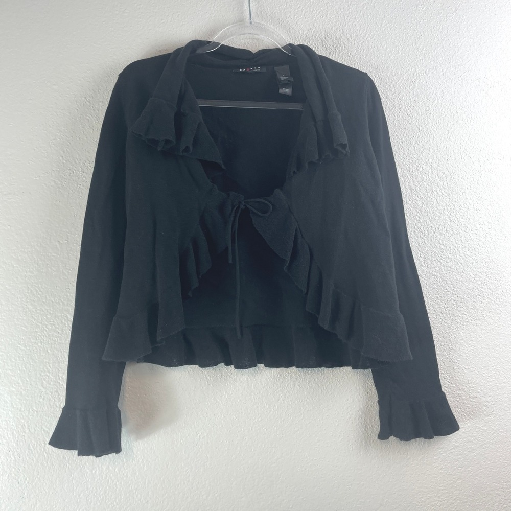 Axcess Black Ruffle‎ Tie Front Cardigan Crop Sweater Whimsigoth Fairy Grunge M
